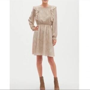 Banana Republic Smocked Ruffle Tan Snake Print Long Sleeve Tan/Cream Dress